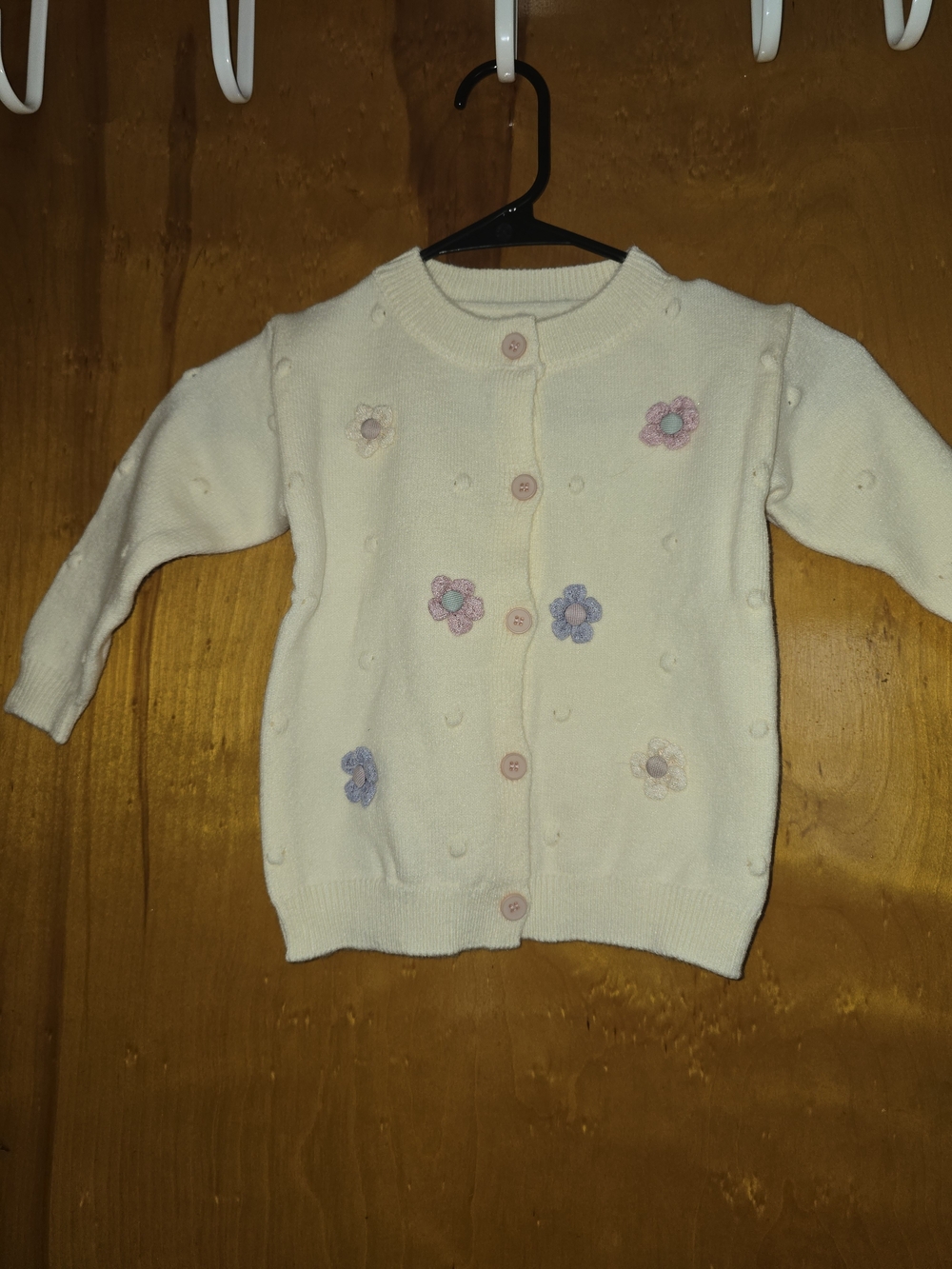 Source Unknown Cream Knit Cardigan with Pastel Flower Appliqués